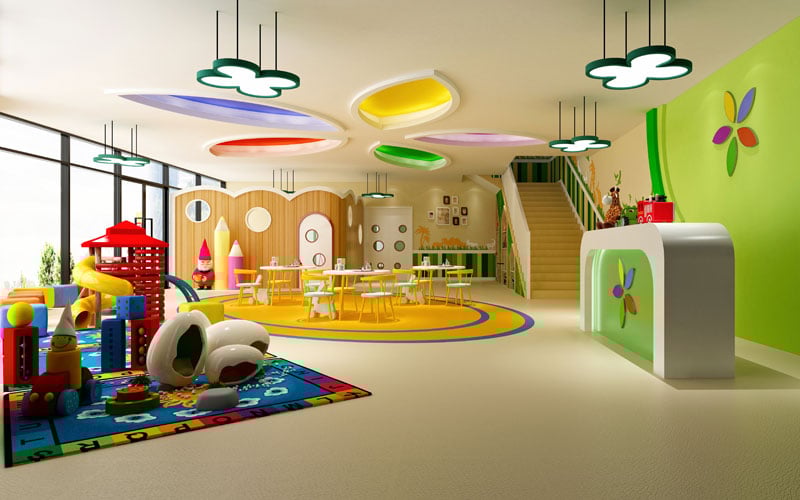 a colorful play room with a play area