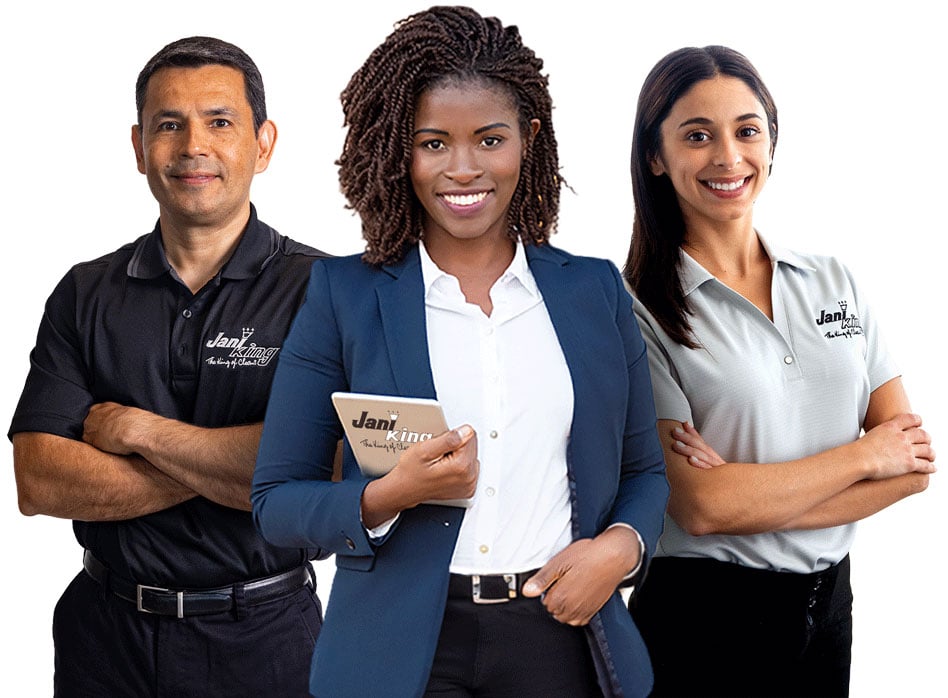 three people standing next to each other people