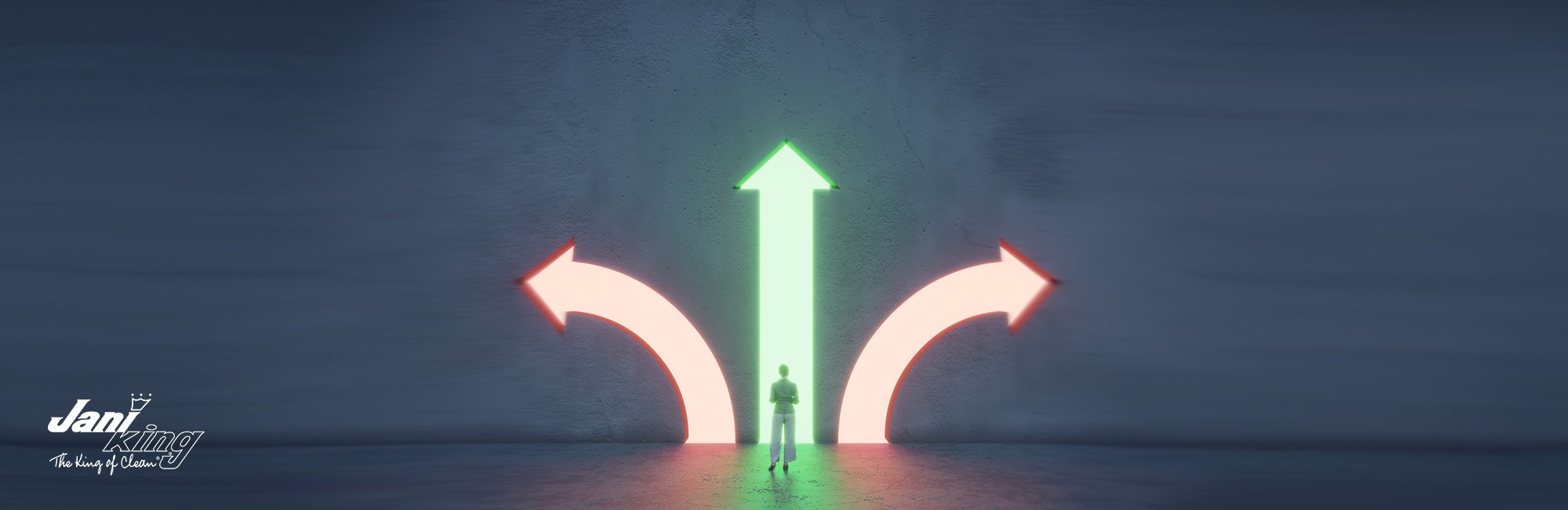 Person making decision for which way to go in choosing a commercial cleaning company.