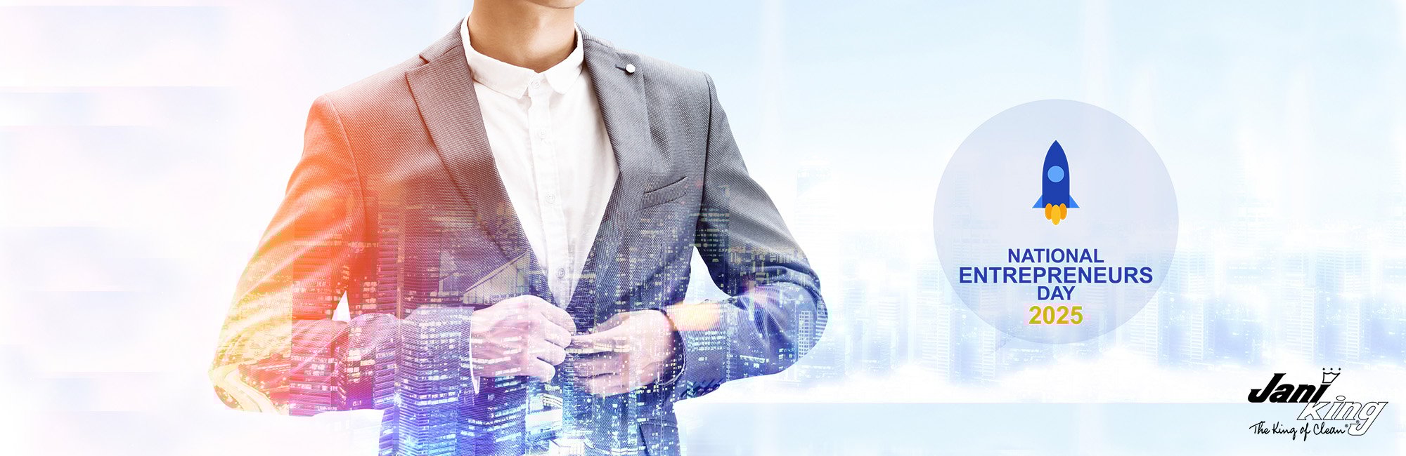 National Entrepreneur's Day 2025 banner with a man in a suit that is transformed by the city.