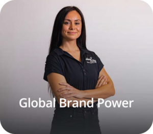 a woman in a black shirt with the words global power