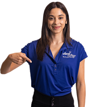 Jani-King person pointing to Google Reviews